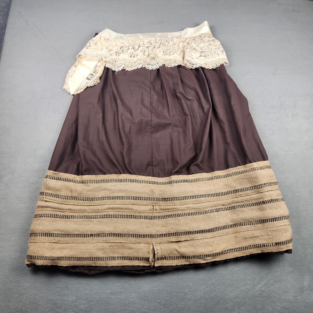 Antique‎ Victorian Cotton Skirt Striped Burlap Hem Drawstring Waist Primitive